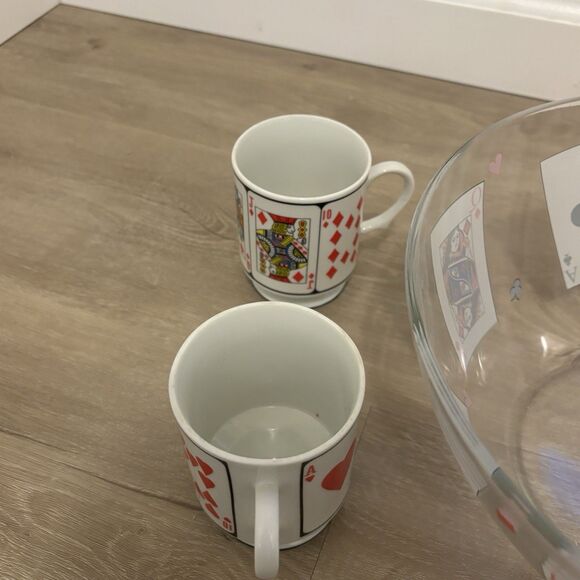 Vintage Playing Card Punch Bowl Set 4 Mugs Pedestal King Queen Jack Clubs Hearts - Picture 11 of 12